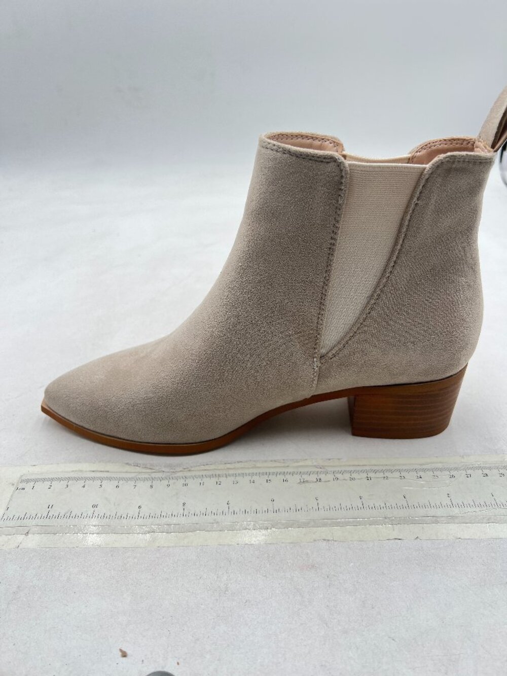 Beige Women Pointed Toe Comfort Kitten Heel Ankle Boot Pull On Winter Bootie